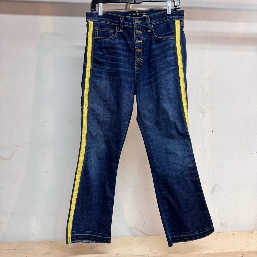 Veronica beard Blue Jeans Yellow gold Stripe Carolyn 10” baby boot size 28